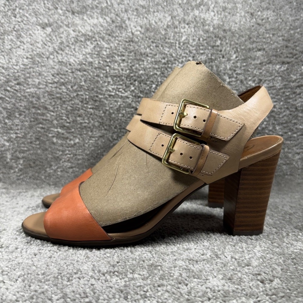 Clarks Artisan Leather Sandals Tan Orange Straps‎ Block Heel Buckle Womens 6.5M